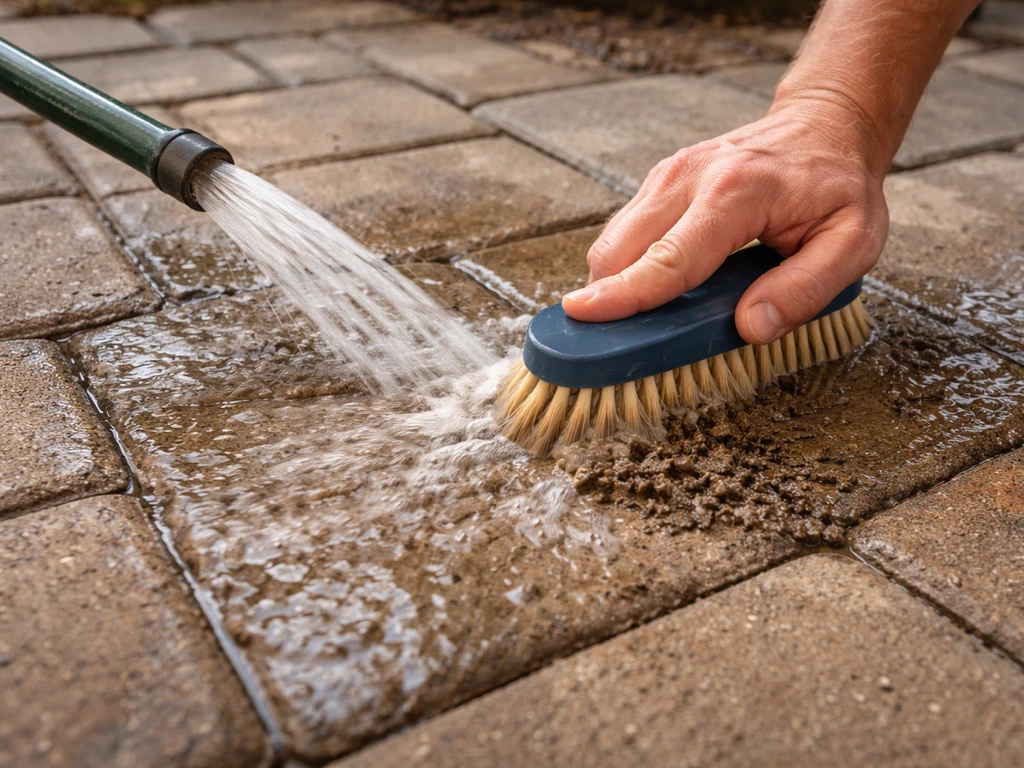 Patio pavers rinsed with a hose while a stiff nylon brush scrubs away dirty buildup