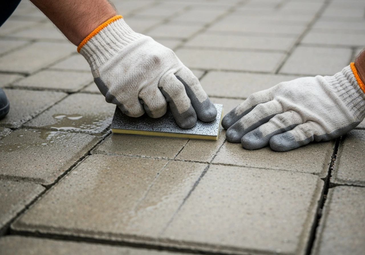 Gloved hands using a wet diamond hand pad to polish a light scratch on a concrete paver