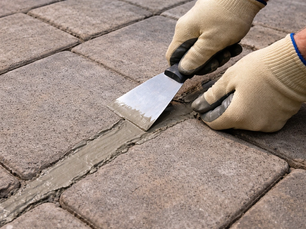 Hands applying tinted epoxy patch filler to a patio paver gouge with a putty knife