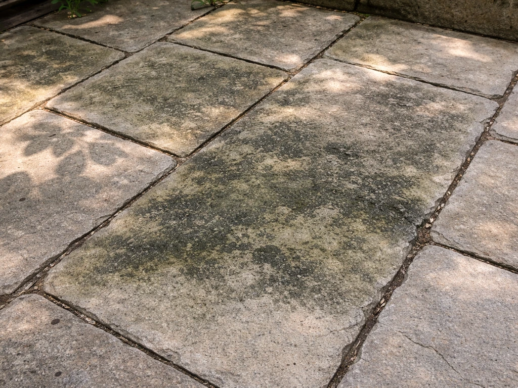 Stone patio in shade with patchy dark mold growth on the surface before cleaning