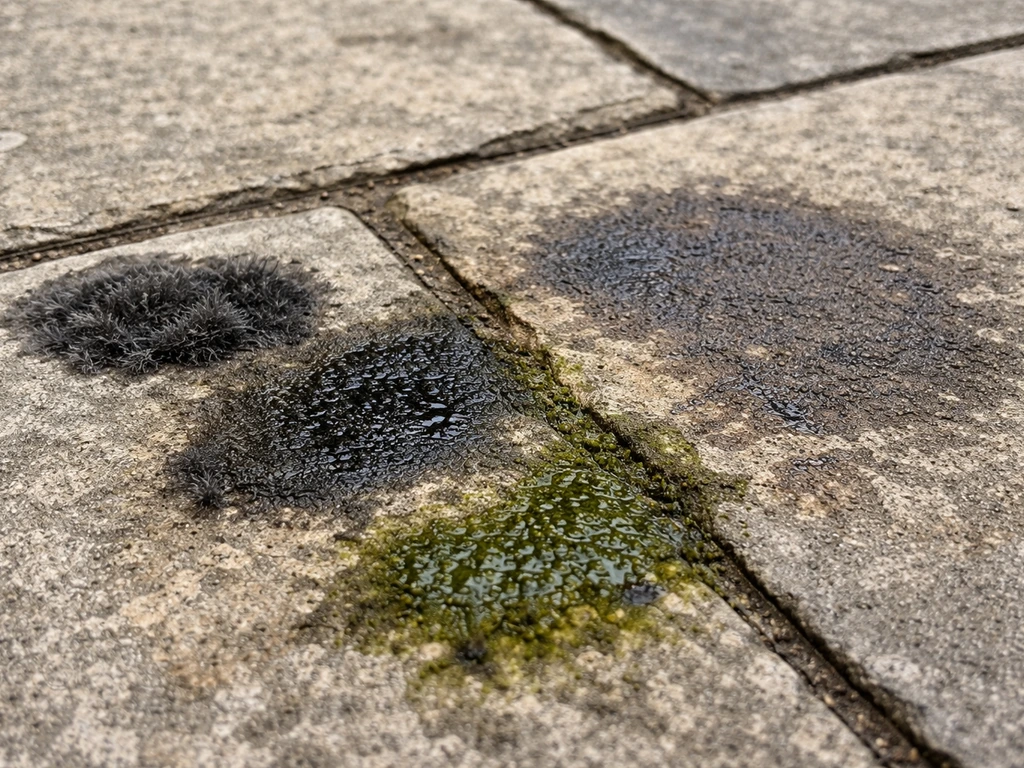 Close-up of a stone patio showing varied dark growth textures: fuzzy mold, slimy mildew, and green algae-like patches.
