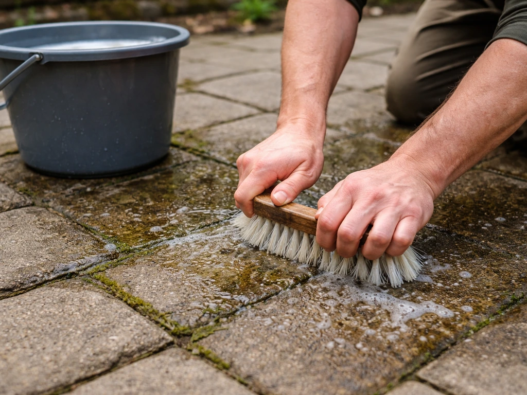 Person scrubbing a stone patio with a stiff brush and bucket of water/cleaner on moldy joints