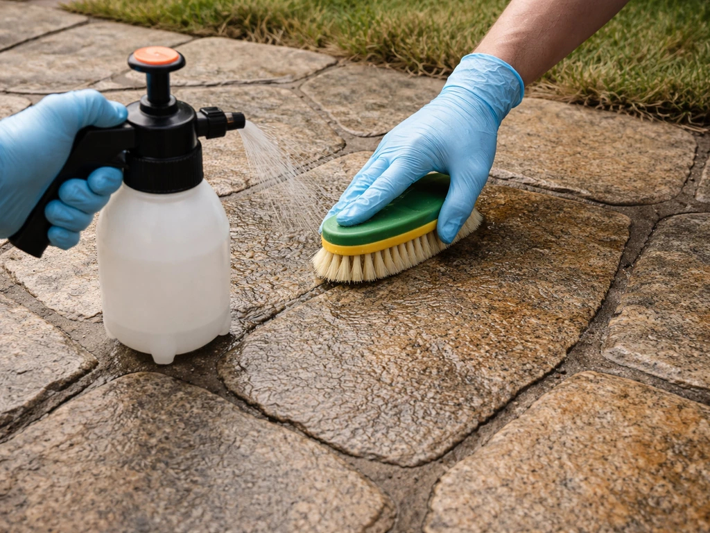 Gloved hands spray and brush diluted bleach onto a natural stone patio, with even contact darkening and no pooling.