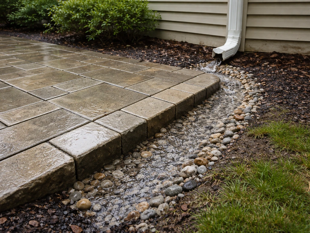 Patio corner with improved drainage path and rainwater diverted away from a clean, dry surface