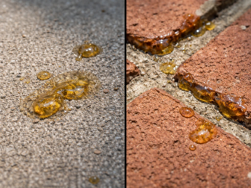 Close-up of sticky tree sap on rough concrete and brick patio surfaces with small resin glisten spots.