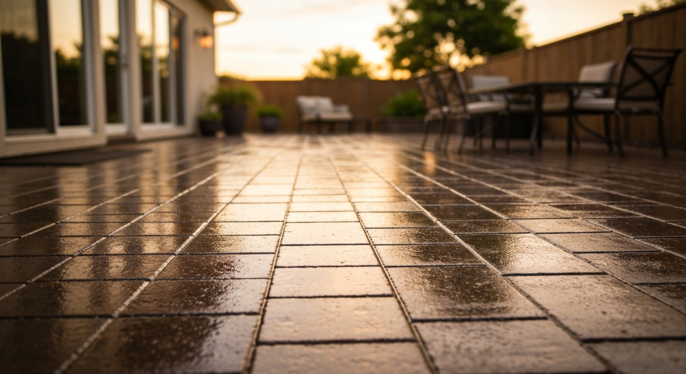 Backyard patio of concrete pavers showing a deep glossy wet-look finish with warm light reflections.