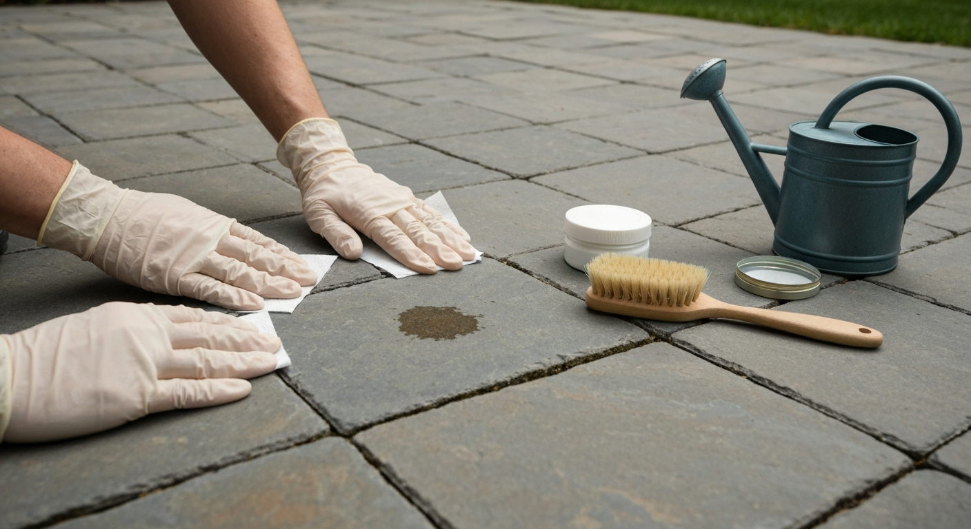 Hands in gloves blotting a grease stain on a slate patio with baking soda and a brush nearby.