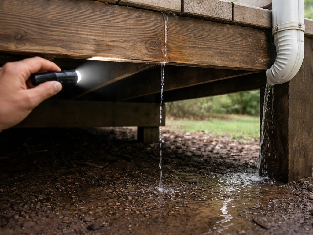 Under-deck view showing water entering through board gaps and a gutter outlet onto wet soil/patio.