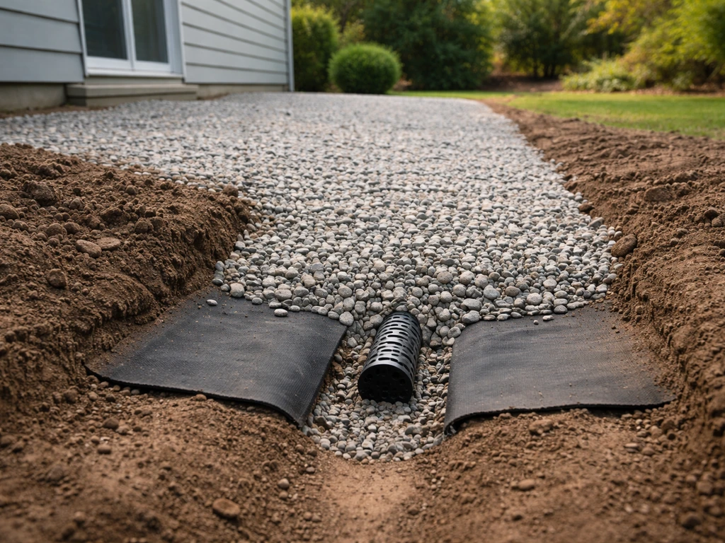 Patio ground slope away from house with a visible drainage channel and barrier layer beneath gravel.