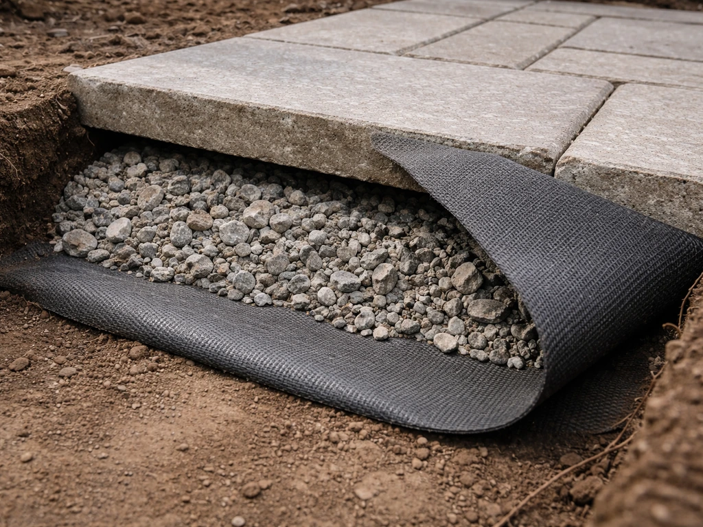 Close-up of patio underlayment: geotextile under crushed gravel beneath lifted pavers.