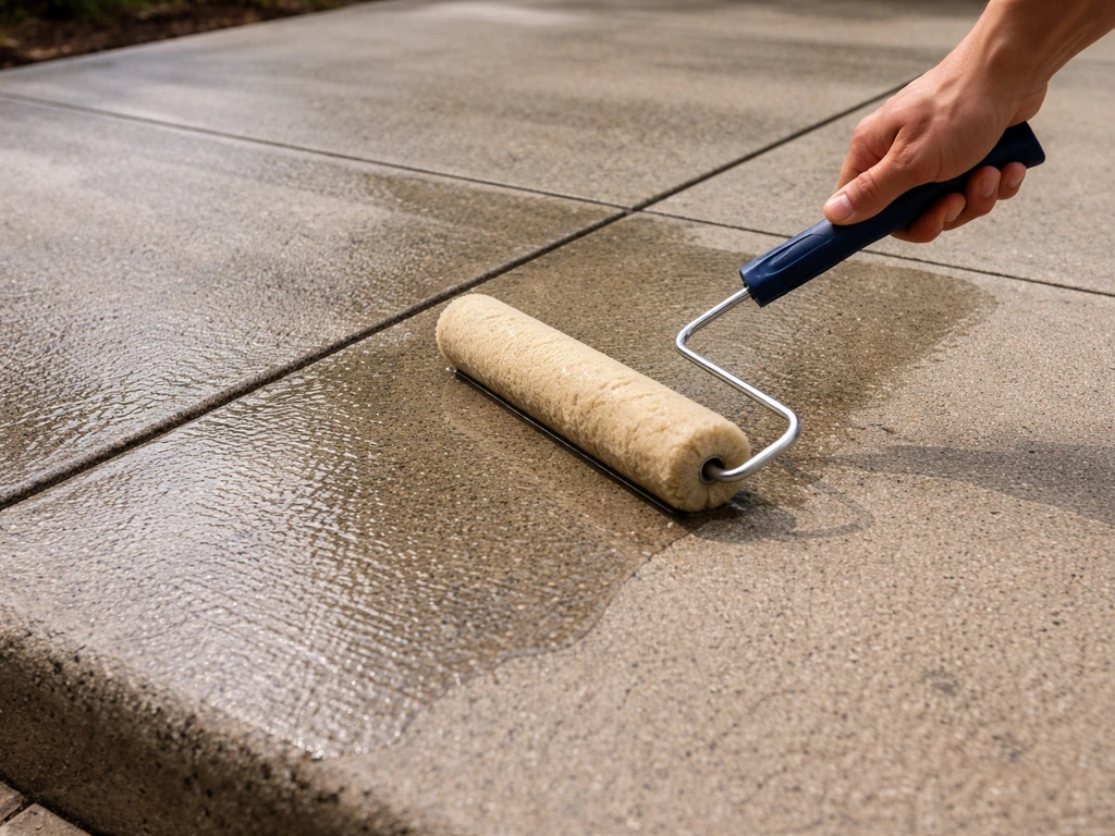 Close-up of a roller applying penetrating sealer on freshly pressure-washed concrete patio, dry sheen effect