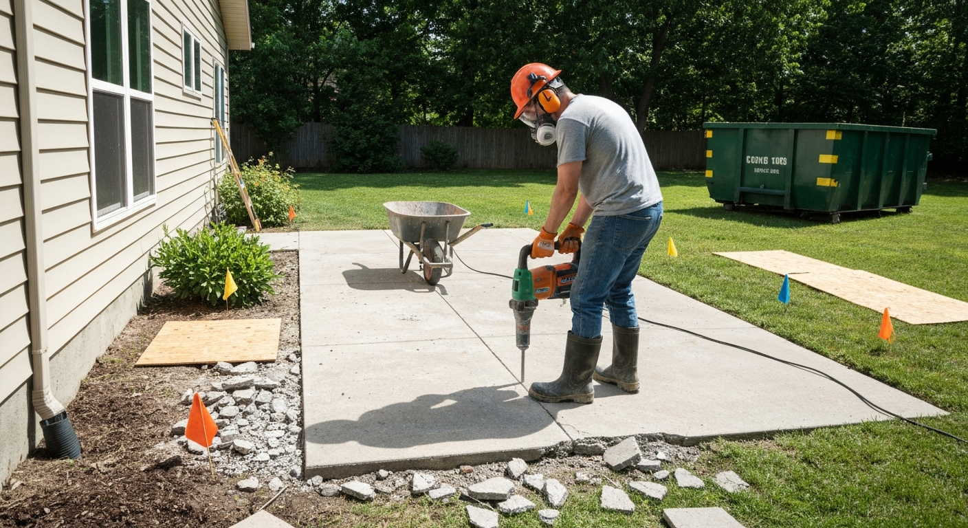 Backyard patio mid-demolition: worker in PPE using a demolition hammer with debris, wheelbarrow, utility flags, and dumpster visible.