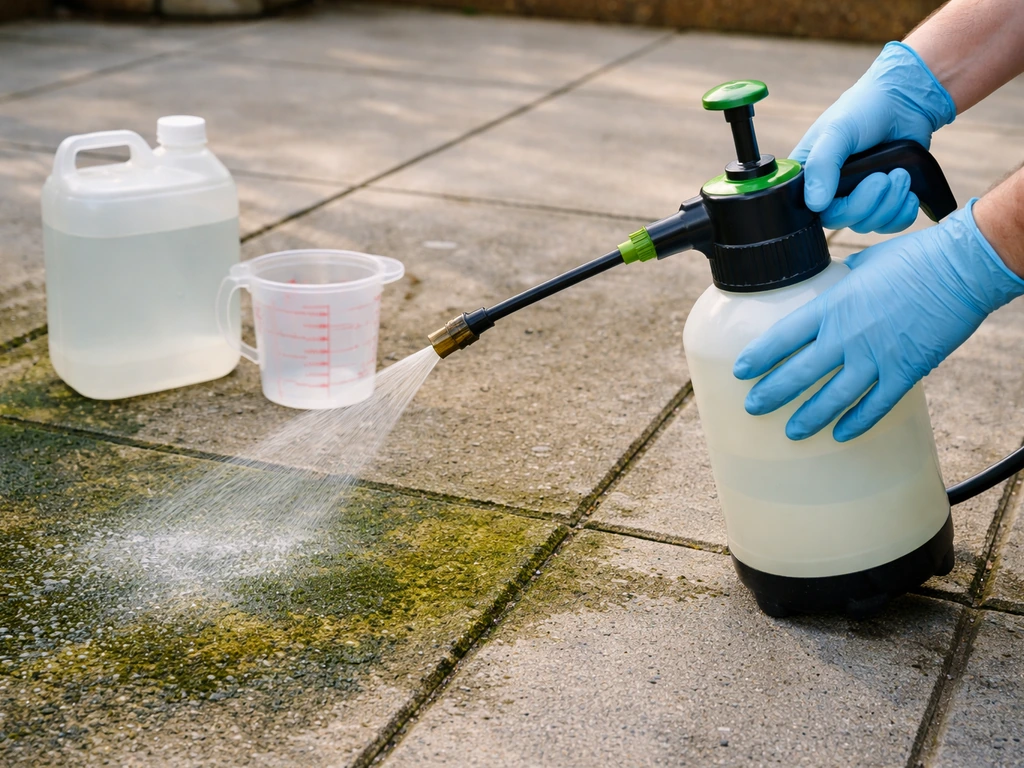 Gloved hands spraying diluted sodium hypochlorite onto a concrete patio with mold and algae outdoors.