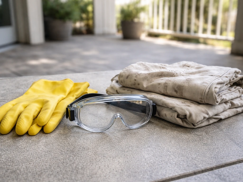 Rubber gloves, safety goggles, and old clothes laid out on an outdoor patio for bleach handling.