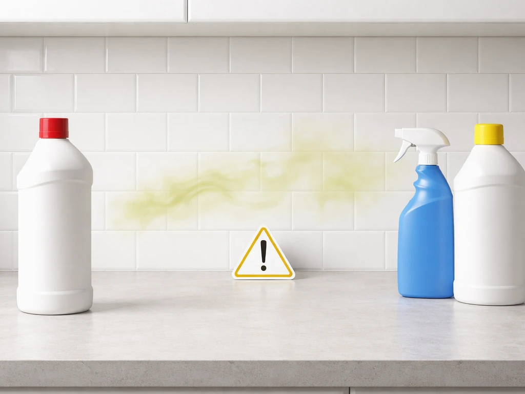 Bleach bottle separated from other cleaner containers with a caution sign, suggesting not mixing cleaners.