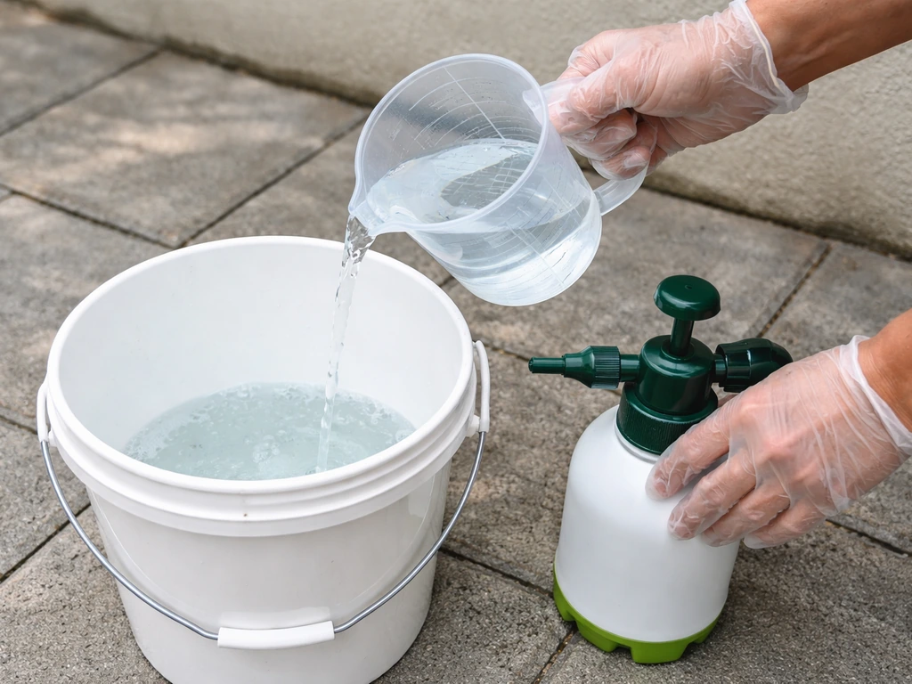 Hands measuring diluted bleach from a measuring jug into a bucket, then filling a pump sprayer on a patio.