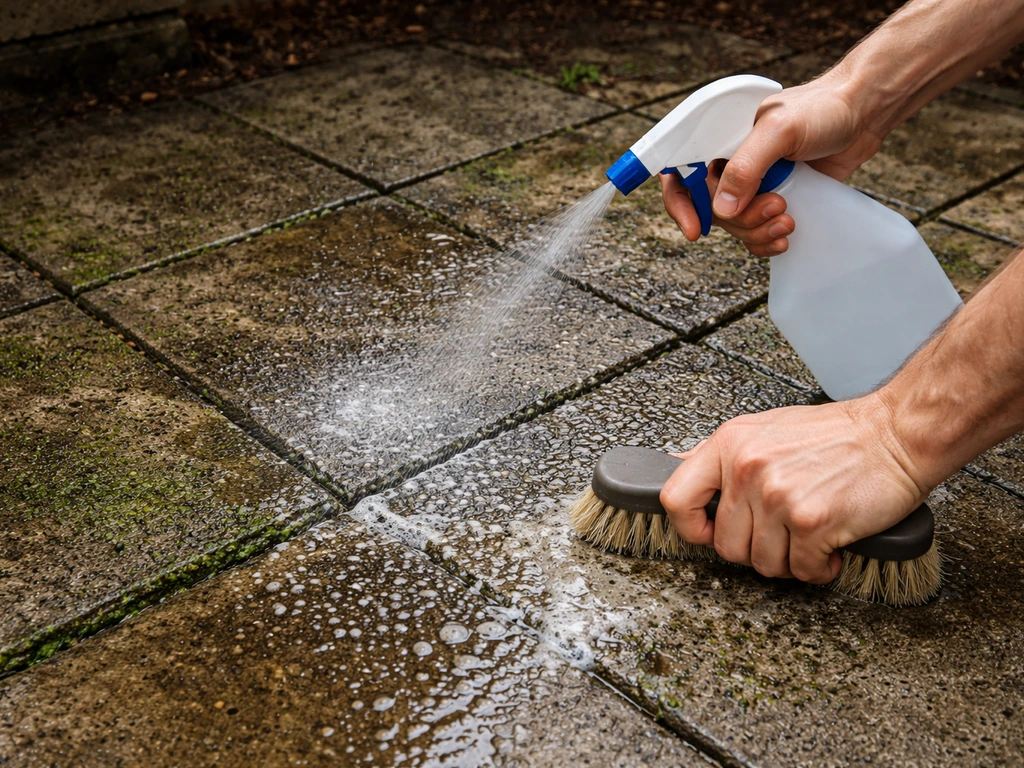 Patio tiles with green algae and dark mildew being scrubbed clean using a bleach/vinegar sprayer and brush.