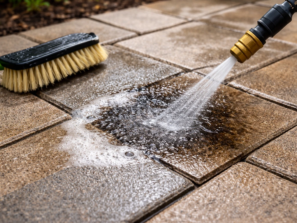 Close-up of patio pavers with a grease stain being treated with soapy degreaser and water runoff.