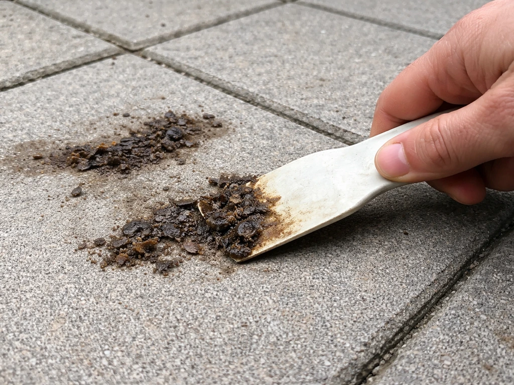 Hand dry-scraping dried grease residue from patio pavers with a plastic scraper.