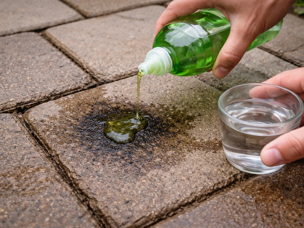 Hand squeezes dish soap onto a grease stain on patio pavers with a cup of hot water nearby.