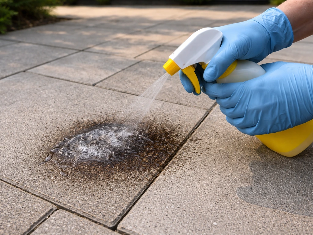 Household degreaser spray wetting a dark grease stain on concrete pavers outdoors