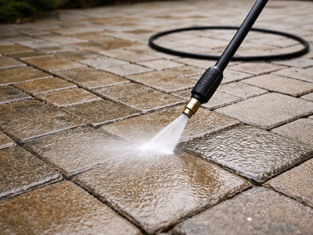 Pressure washer wand spraying patio pavers at low-to-mid pressure while protecting the joints.