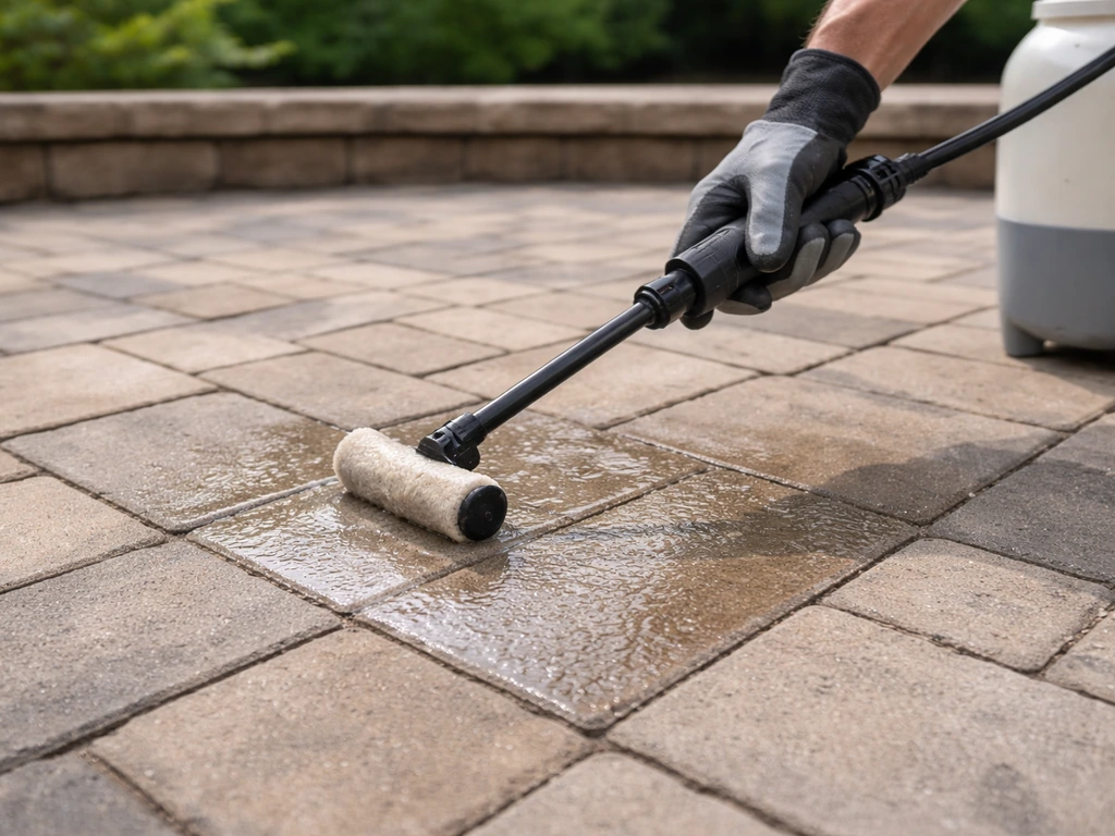 Gloved hand using a pump sprayer to apply penetrating sealer on patio pavers, wet sheen visible.