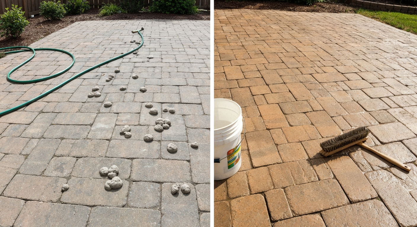 Wide view of a patio with one side covered in mortar haze and the other side freshly cleaned, with a bucket, brush, and hose at the edge.