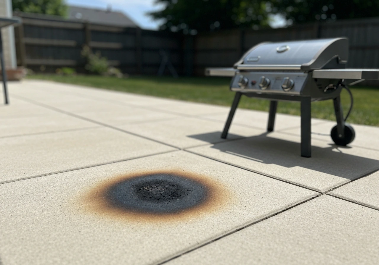 Close view of a grill beside a patio with visible burn mark on the stone surface