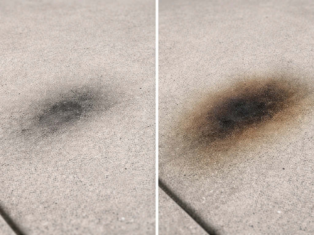 Close-up of a patio showing light surface soot on one side versus deeper heat staining on the other.