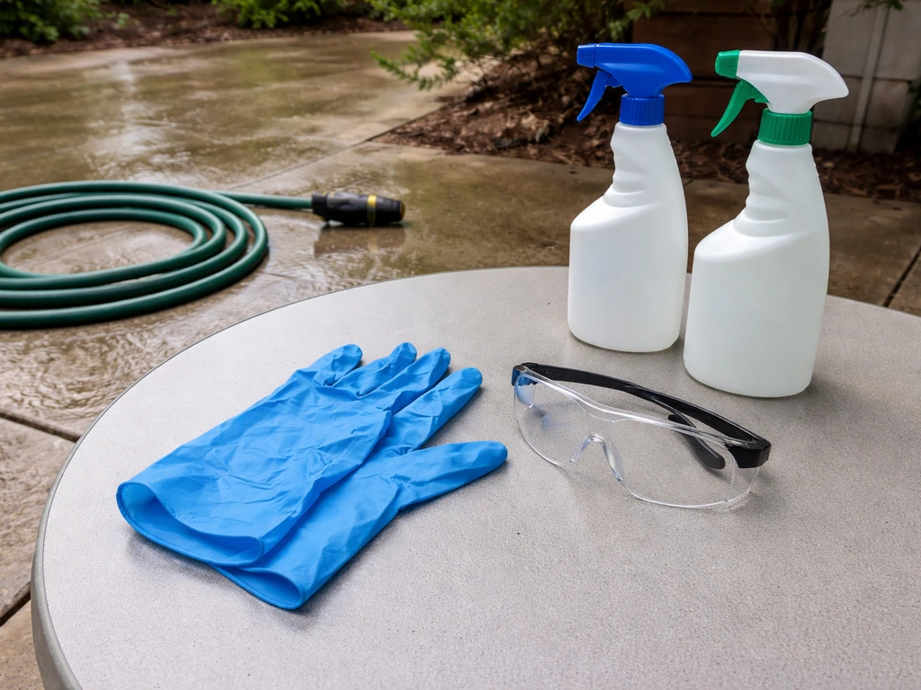 Nitrile gloves and safety glasses beside cleaning supplies and a hose; patio edges pre-wet for cleaning