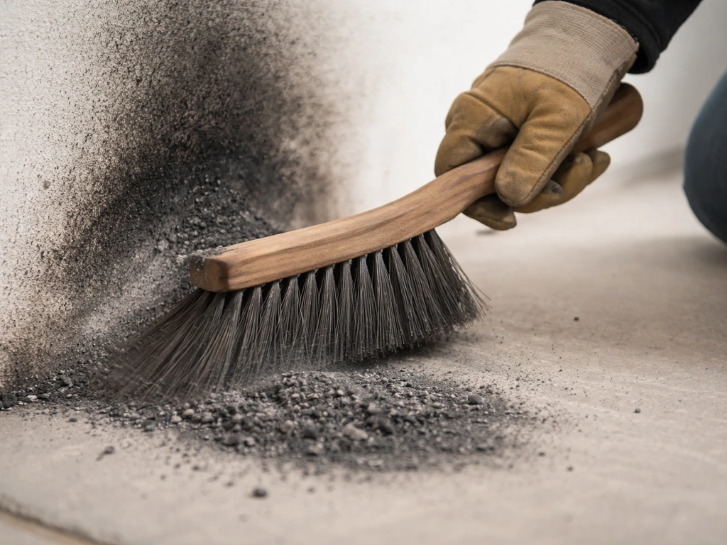 Gloved hands sweeping dry soot from a scorched surface with a stiff-bristle broom