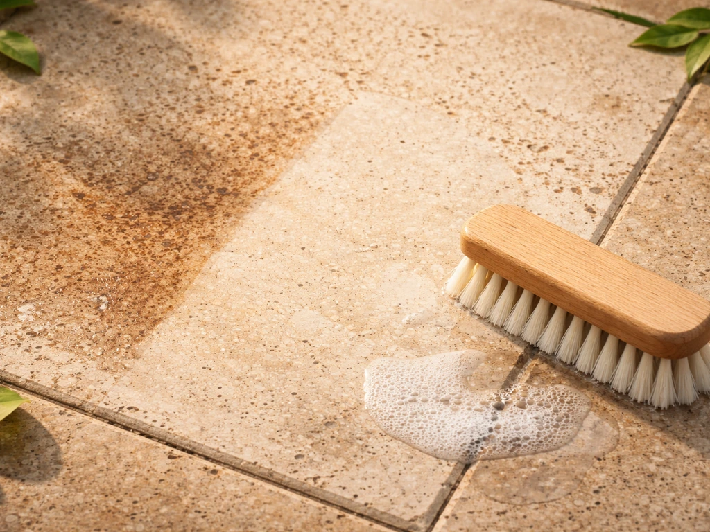 Close-up of travertine tile gently cleaned with a soft brush, showing a reduced leaf stain without etching.